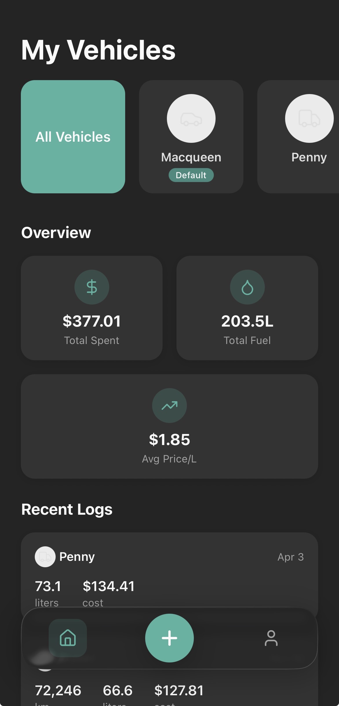 Vehra app showing vehicle management dashboard with fuel tracking and expense overview